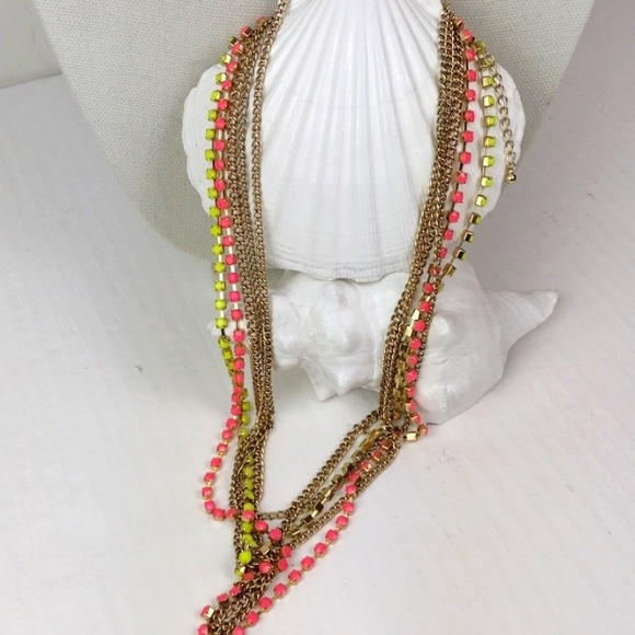 Hot Pink & Lime Green Rhinestone-Set Gold Tone Multi-Chain Boho Necklace - Picture 6 of 9